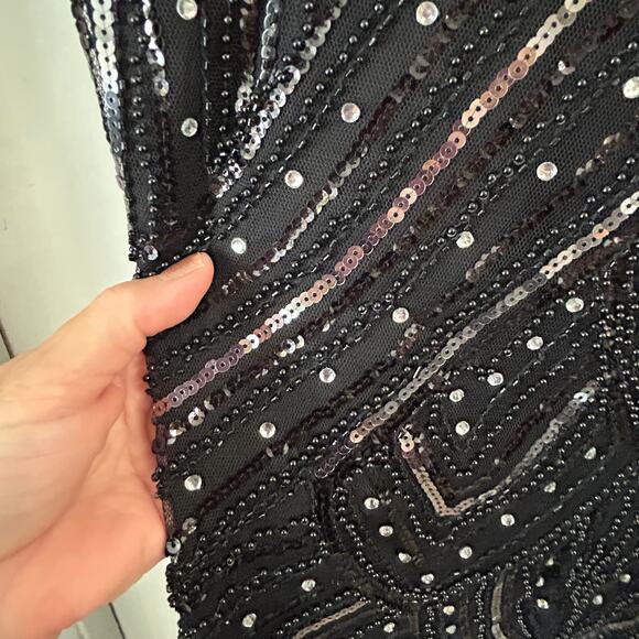 Pretty Guide 2XL Black Bead Silver Sequin Dress Cap Sleeve Fringe Bottom Lined - Picture 12 of 16